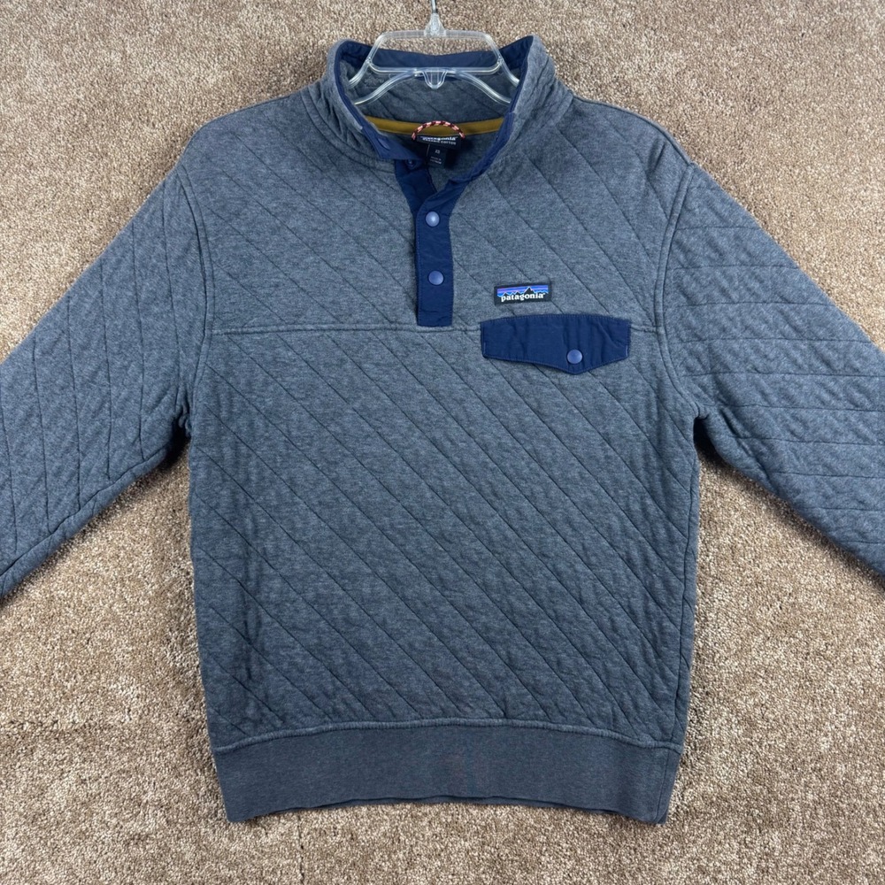 Patagonia Organic Cotton Quilt Snap-T Pullover Grey Navy Blue Mens XS 25371